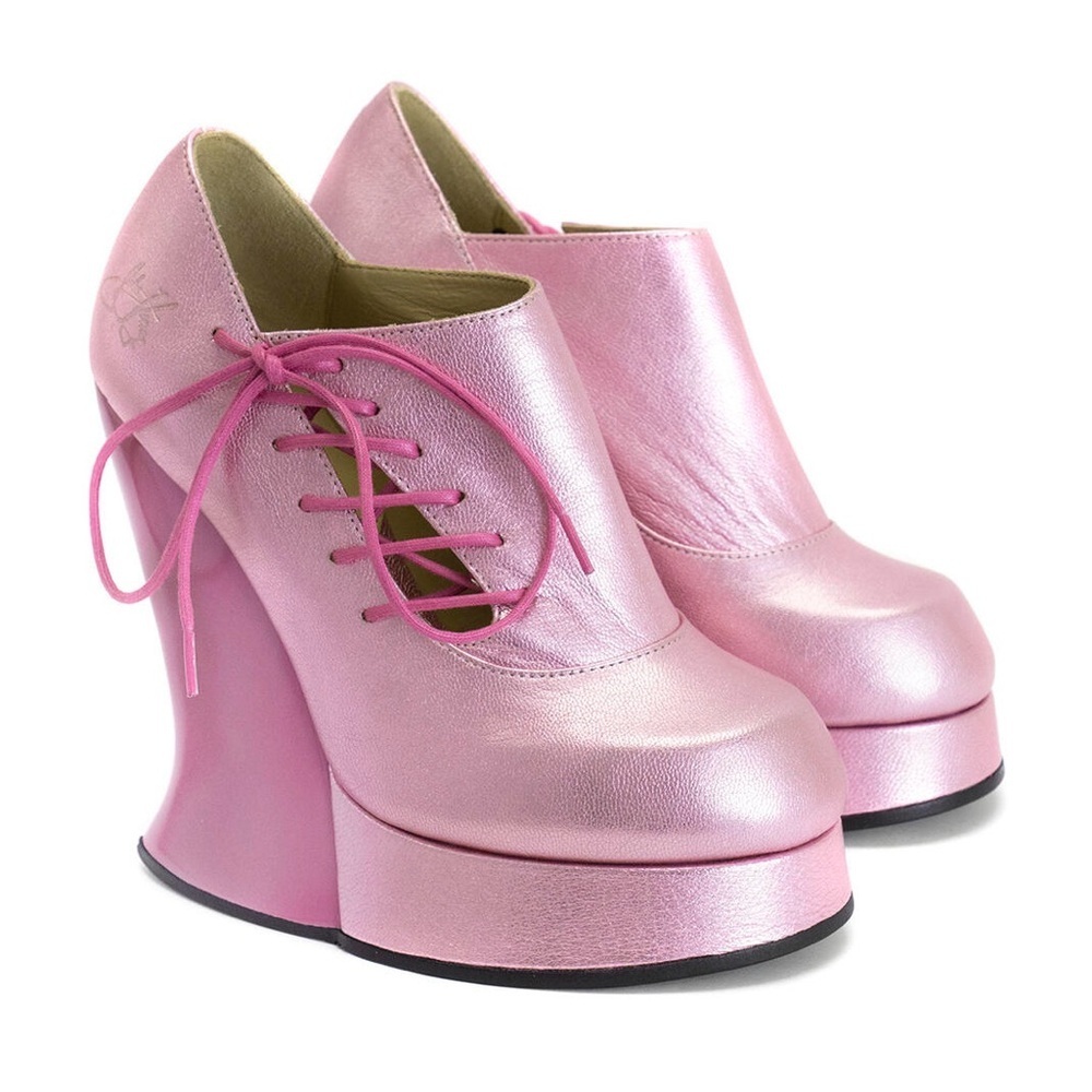 NEW John Fluevog Ultra Vog Metallic Pink Platform Lace Up High Heel Shoes US 7